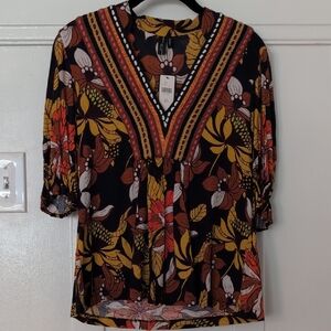 Black Floral V-Neck Tunic with Mustard & Rust Accents